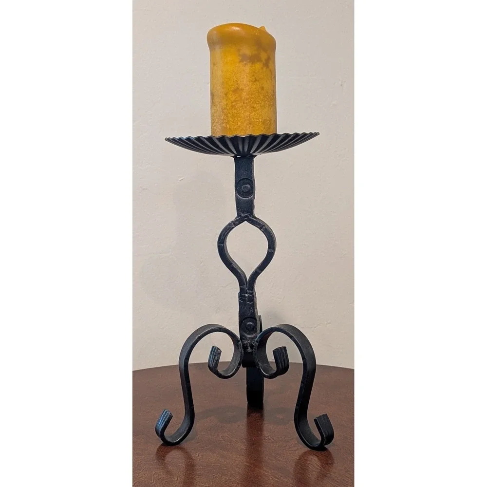 VTG Hand-Forged Black Iron Candle Holder Substantial Weight Scroll Design 13
